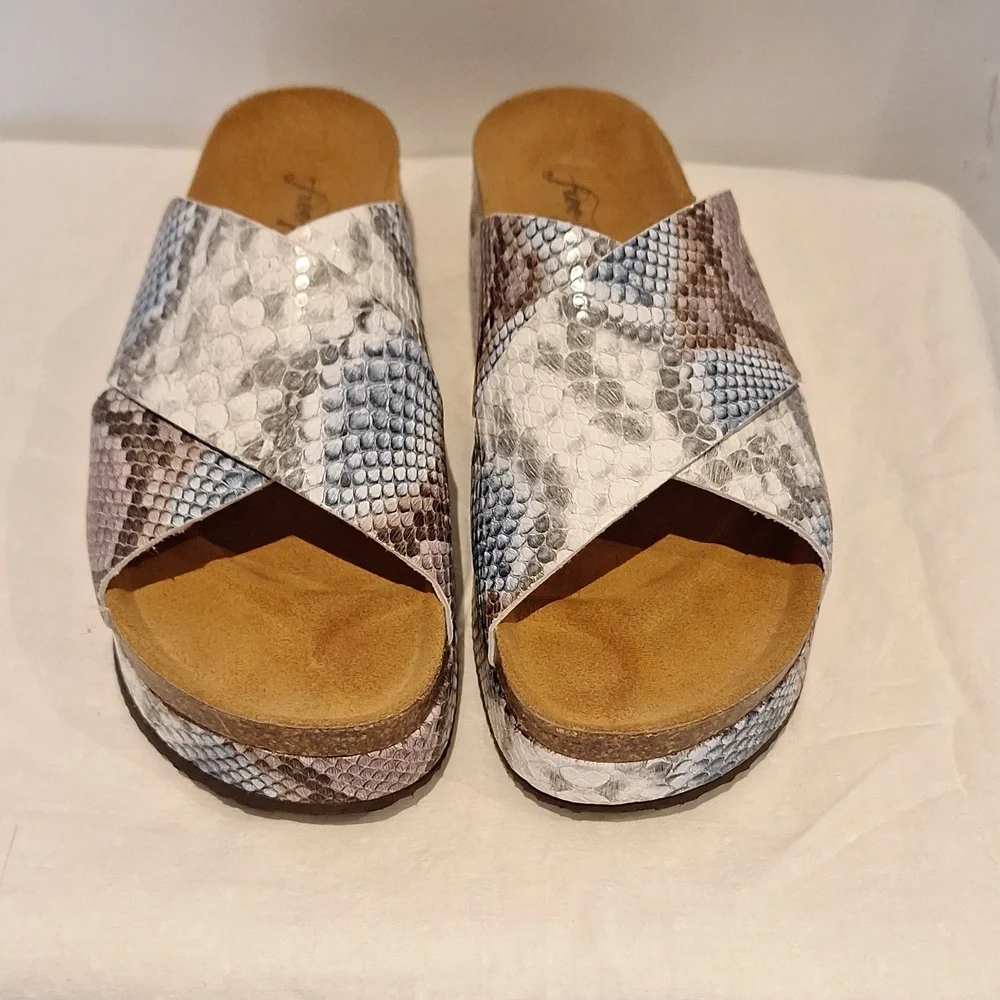Free People Sideline Snake-Print Crossband Slide Sandals in Neutral Tones